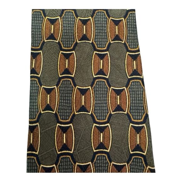 Geometric Necktie Olive Green Brown Patterned Business Casual Men's Tie - Picture 2 of 6